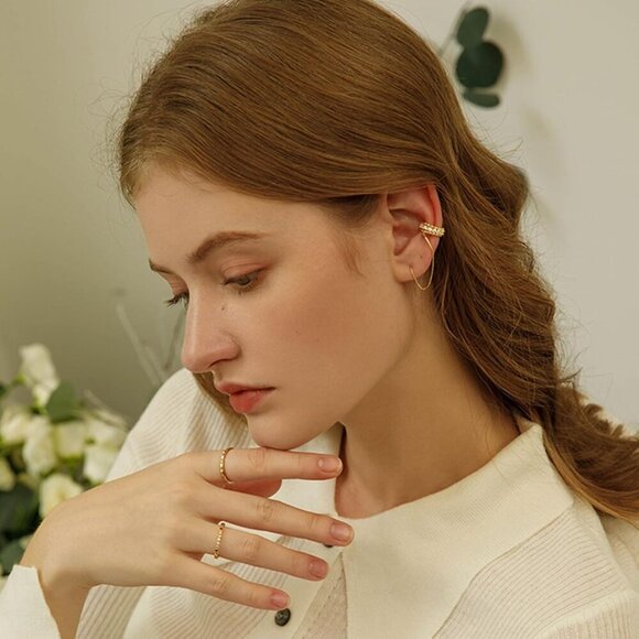 Gold Dangle Hoop Earrings Small Stud Drop Chain Dazzling Zirconia Jewelry - Picture 5 of 9